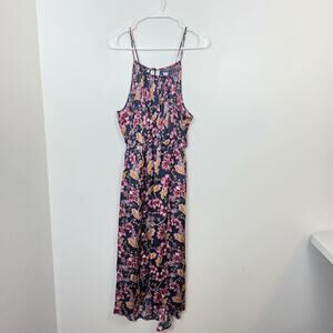 Old Navy Blue Pink Floral Whimsical Waist Defined‎ Halter Satin Midi Dress Sz XS